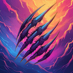 Cloudy background like the eye of a storm with neon hues ranging from electric blue to peach. The forefront of the image is slashed by dark apex claws.